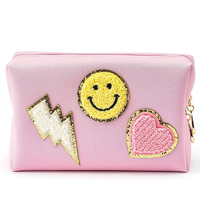 Preppy Patch Cosmetic Bag, Smile Lightning Heart PU Leather Small Makeup Pouch Purse Organizer Po... | Amazon (US)