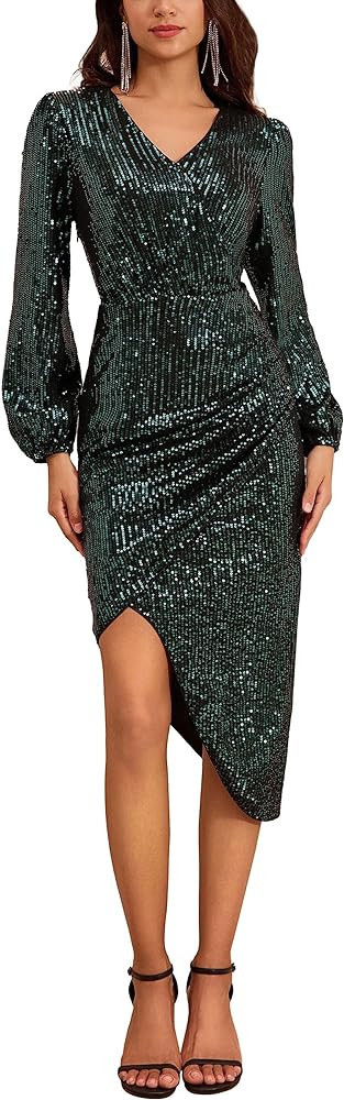 GRACE KARIN Women's 2023 Sexy Sequin Dress Green Sparkly Dress Outfit Green Fall Midi Dress Fall | Amazon (US)