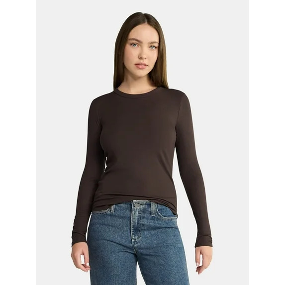 No Boundaries Ribbed Crewneck Tee with Long Sleeves, 1 or 2-Pack, Women's & Women's Plus | Walmart (US)