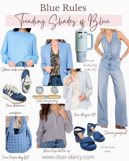 Blue Rules
A spring color your going to love💙🩵

A color that reminds me of the ocean and beautiful beach days! Is perfect to bring into your wardrobe for Spring.

A little coastal vibe and can also look so chic… stay tuned for more outfit inspo next week.. for my week in the Blues🩵💙

Denim jumpsuit 
Blue suede candles 
Blazer
New balance sneakers
Julie Vos jewelry 
A perfect sweater
A must have button top
The newer Stanley cup 
Free people bag

#LTKMostLoved 

#LTKGiftGuide #LTKstyletip