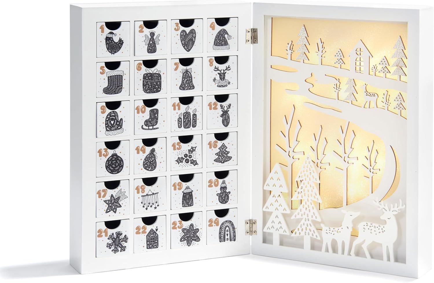 Wooden Advent Calendar with Drawers, 12 Inch Reusable Advent Calendar with Lights, White Wood, Ba... | Amazon (US)