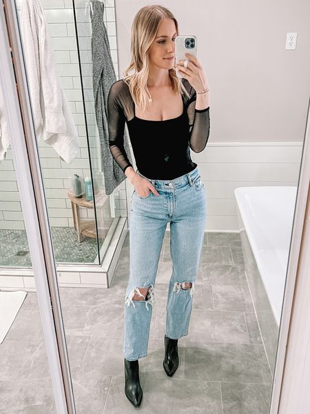 Date night outfit, high rise jeans, black bodysuit, black ankle boots 

Exact bodysuit is sold out, wearing true size in everything 

#LTKshoecrush #LTKunder100 #LTKunder50