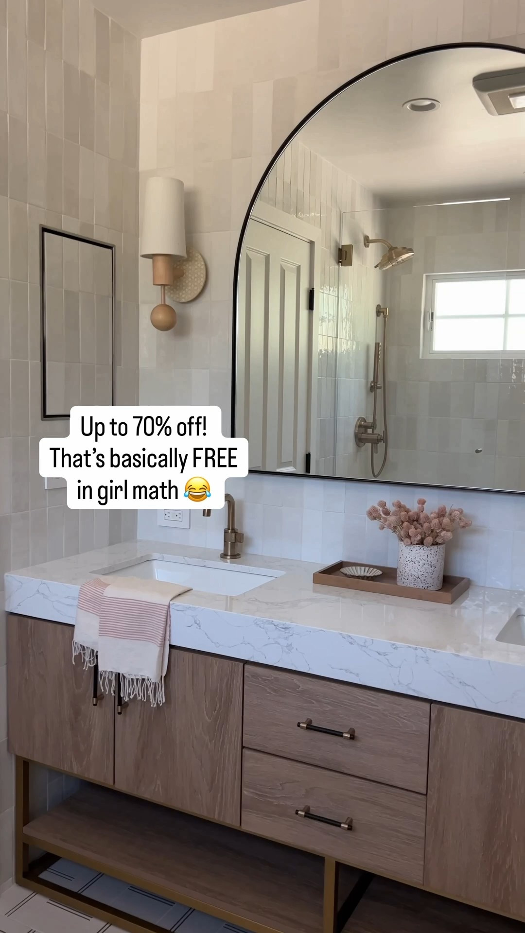 Lowest price I’ve seen on the Vanity! My client saved thousands of dollars using this vanity since it comes with the countertop love the soft clothes drawers and wood tone. Comes in nine sizes. Brass hardware black hardware brass faucet white tile bathroom design Bedrosians Wayfair brass door arch mirror black mirror

#LTKhome #LTKsalealert

#LTKFindsUnder100 #LTKHome #LTKSaleAlert