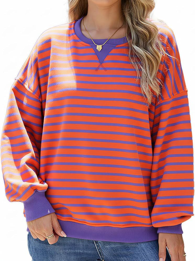 Women's Striped Oversized Sweatshirt, Long Sleeve Crewneck Pullover Top, Casual Fall Clothes | Amazon (US)