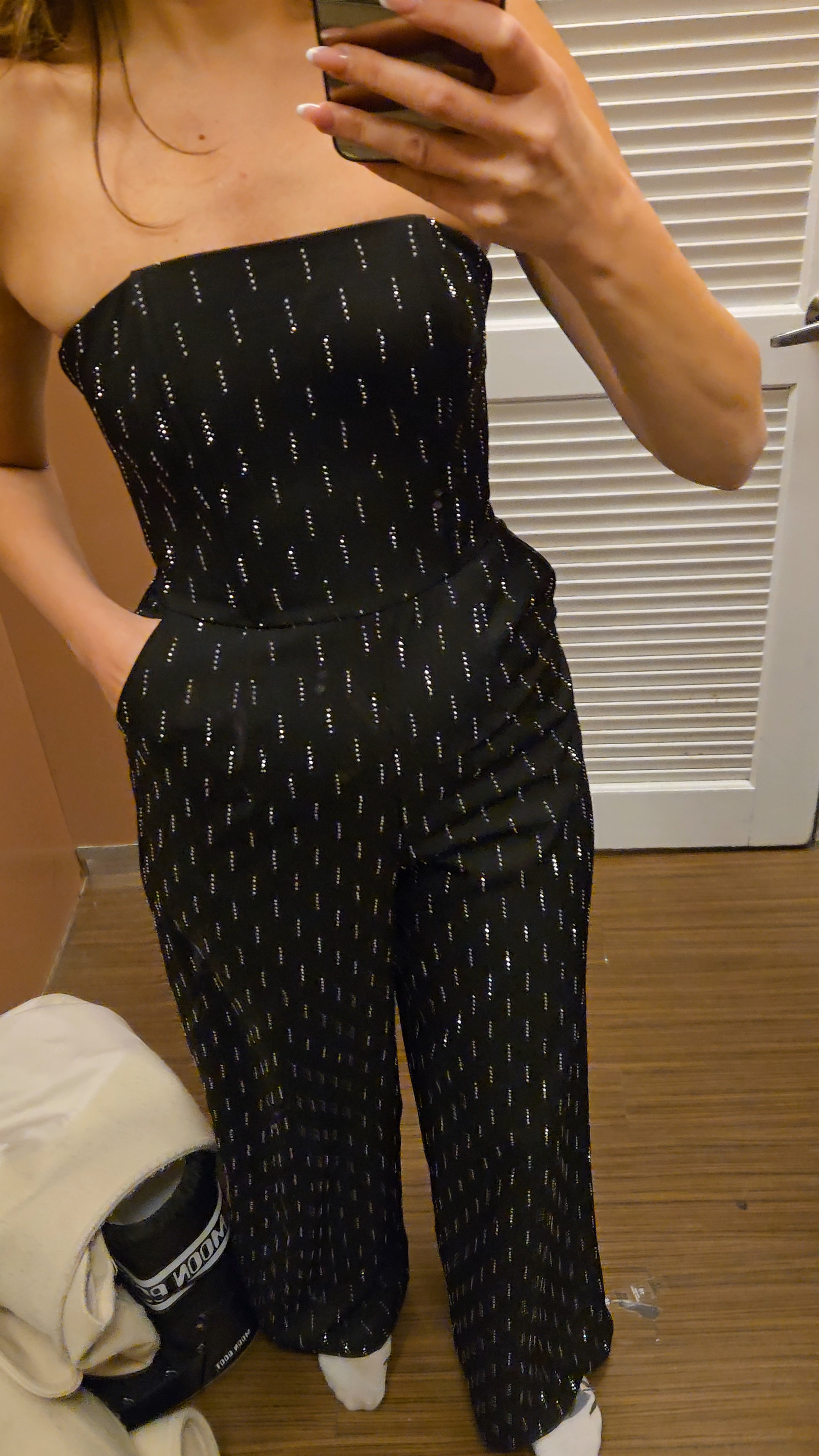 I tried this on in stores today and I left it so much but they didn't have my size. I'm wearing an extra small here but it's way too tight. I just ordered a size small and hope it will arrive in time for a holiday party. Sparkly, strapless, pants, Christmas, new years.

#LTKSaleAlert #LTKHoliday #LTKFindsUnder50
