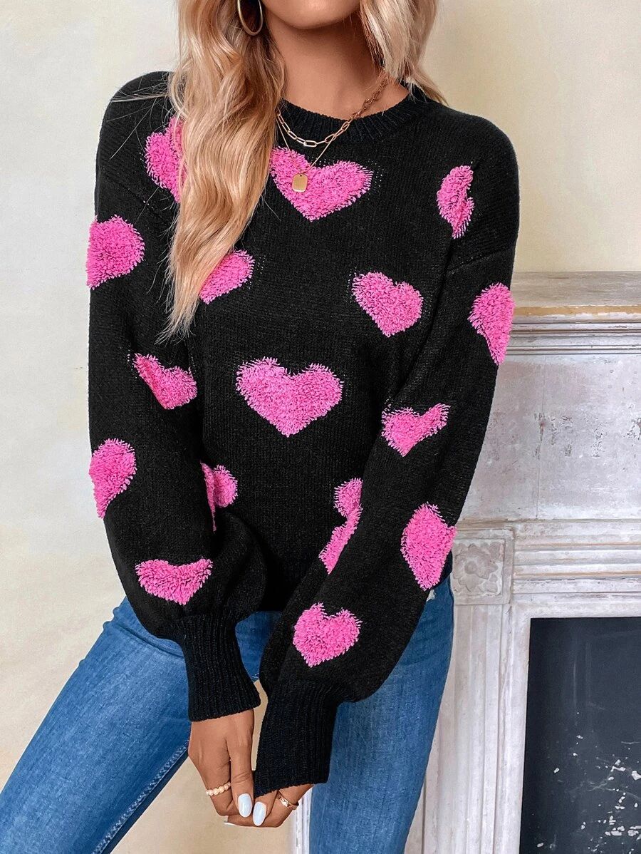 HomeWomen ClothingWomen KnitwearWomen SweatersHeart Pattern Drop Shoulder Sweater | SHEIN