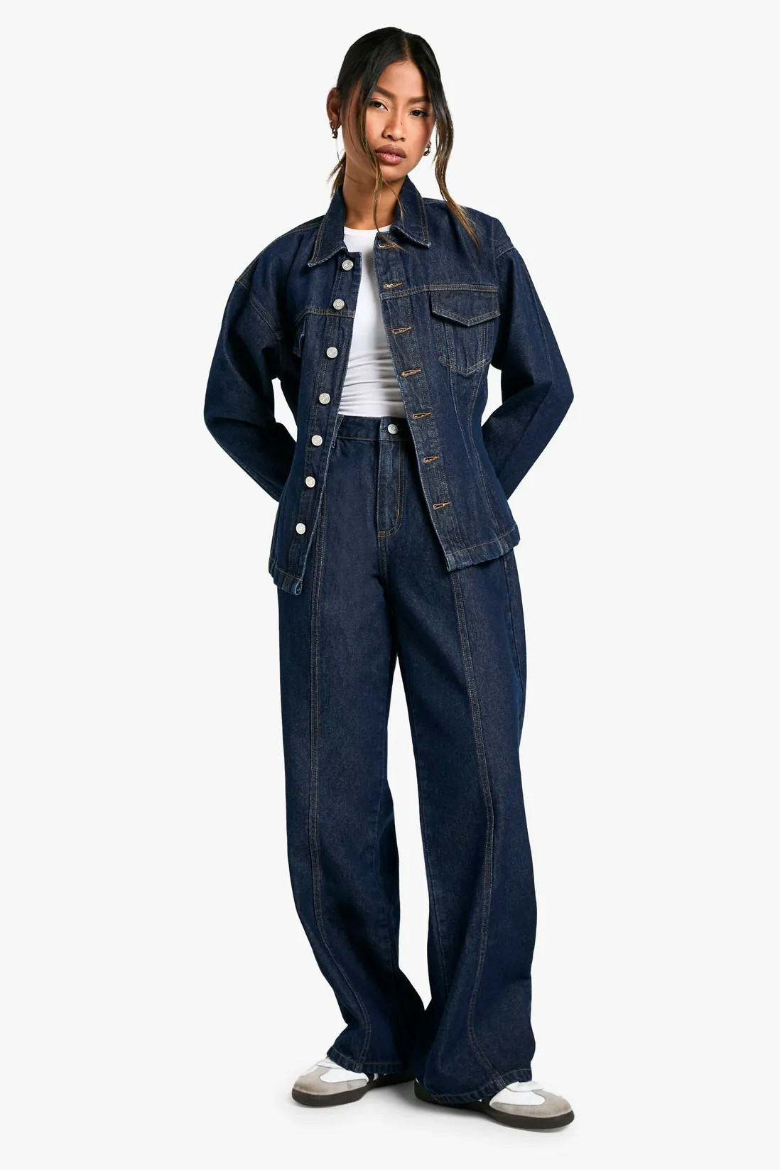 Cinched Waist Contrast Stitch Raw Indigo Denim Jacket | boohoo (US & Canada)