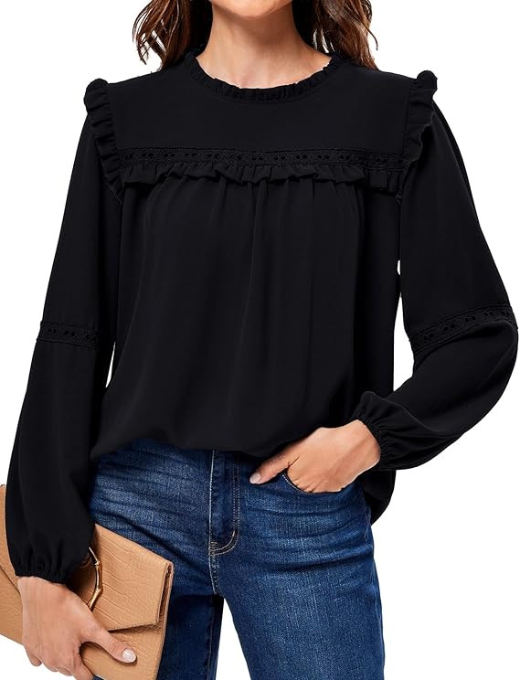 JASAMBAC Womens Trendy Fall Tops Long Sleeve Crewneck Loose Lace Crochet Blouses Dressy Babydoll ... | Amazon (US)