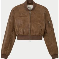 Faux Leather Shoulder Padded Bomber Jacket - Washed Brown | The Couture Club
