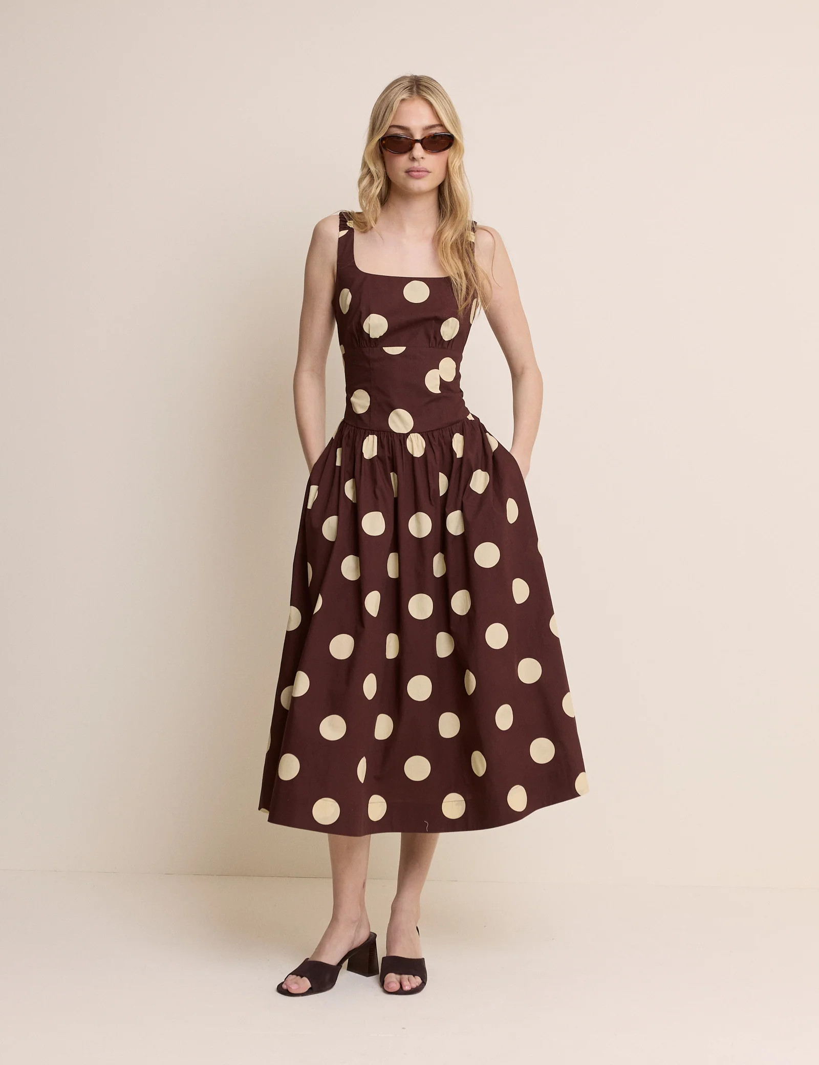 Brown and Cream Polka Dot Panelled Soraya Midi Dress | Nobody's Child