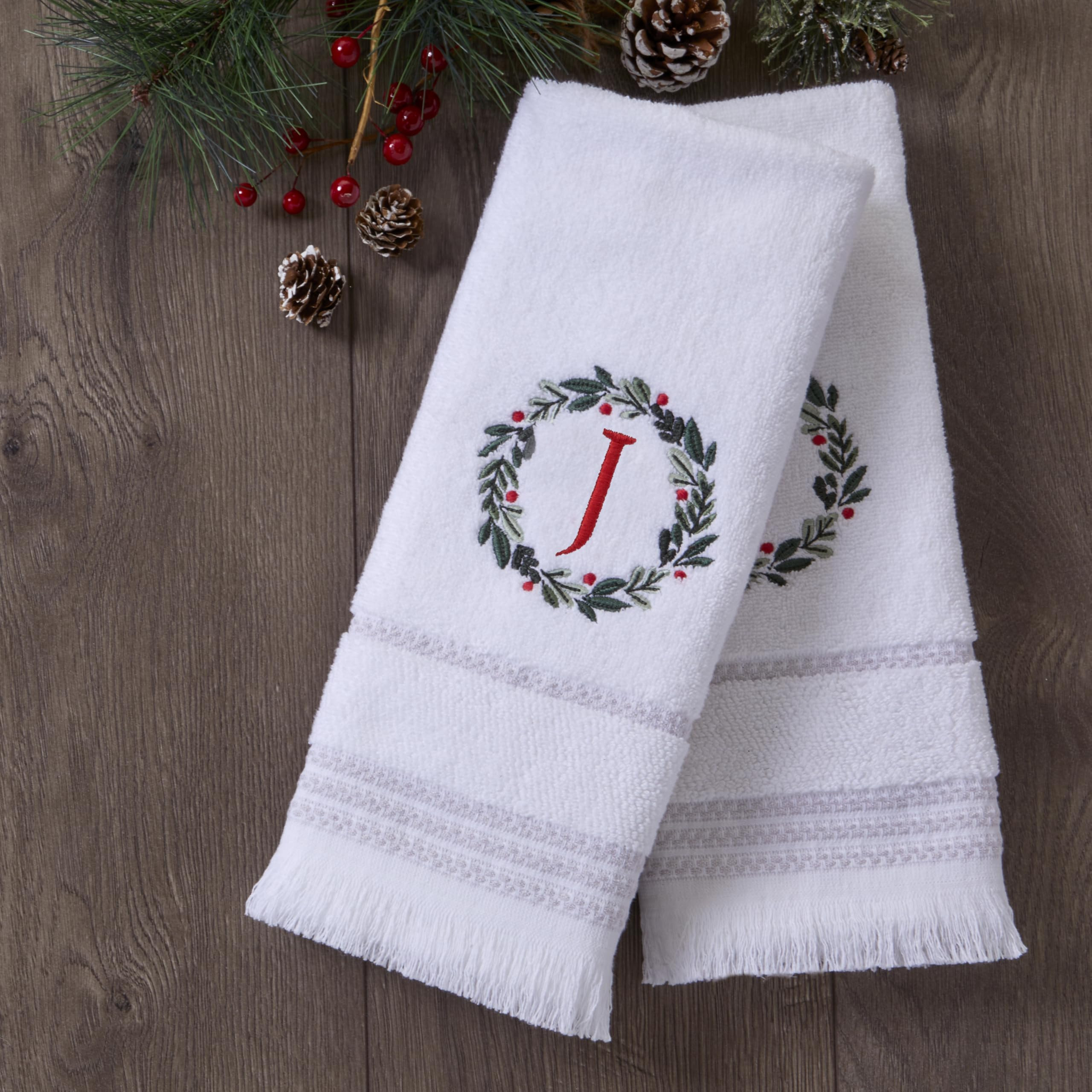SKL Home Christmas/Winter Wreath Monogram Hand Towel J 2pc Set for Bath/Kitchen/Bar & Gift, White | Amazon (US)