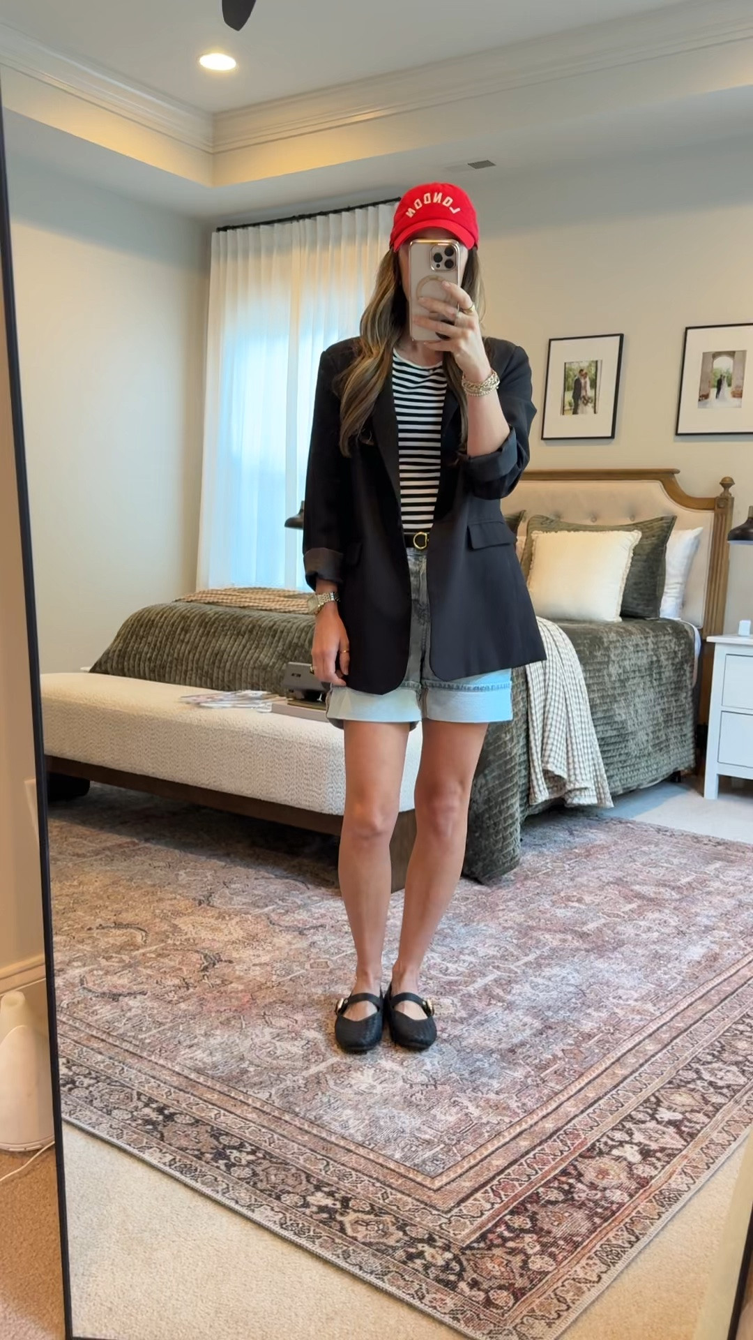 Elevated mom outfit with an Amazon blazer, striped tee, mom-approved denim shorts, and black Mary Janes. The blazer makes the shorts feel more polished, while the red hat adds a fun pop of color. Easy casual workwear, summer mom outfit, or weekend capsule outfit that still feels comfortable for real life.

#LTKootd #LTKmomlife #LTKSeasonal