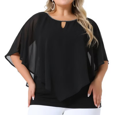 Women's Plus Size Neck Detail Keyhole Double-Layered Chiffon Lightweight Flowy Tops - Agnes Orinda 3X Black | Target