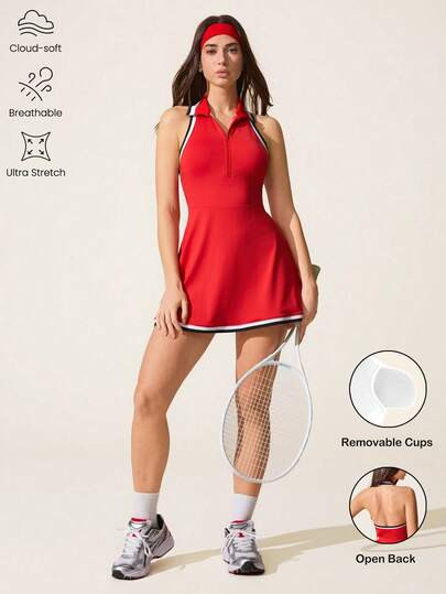 CourtClass Women's Contrast Trim Backless Halter Neck Sports Dress | SHEIN