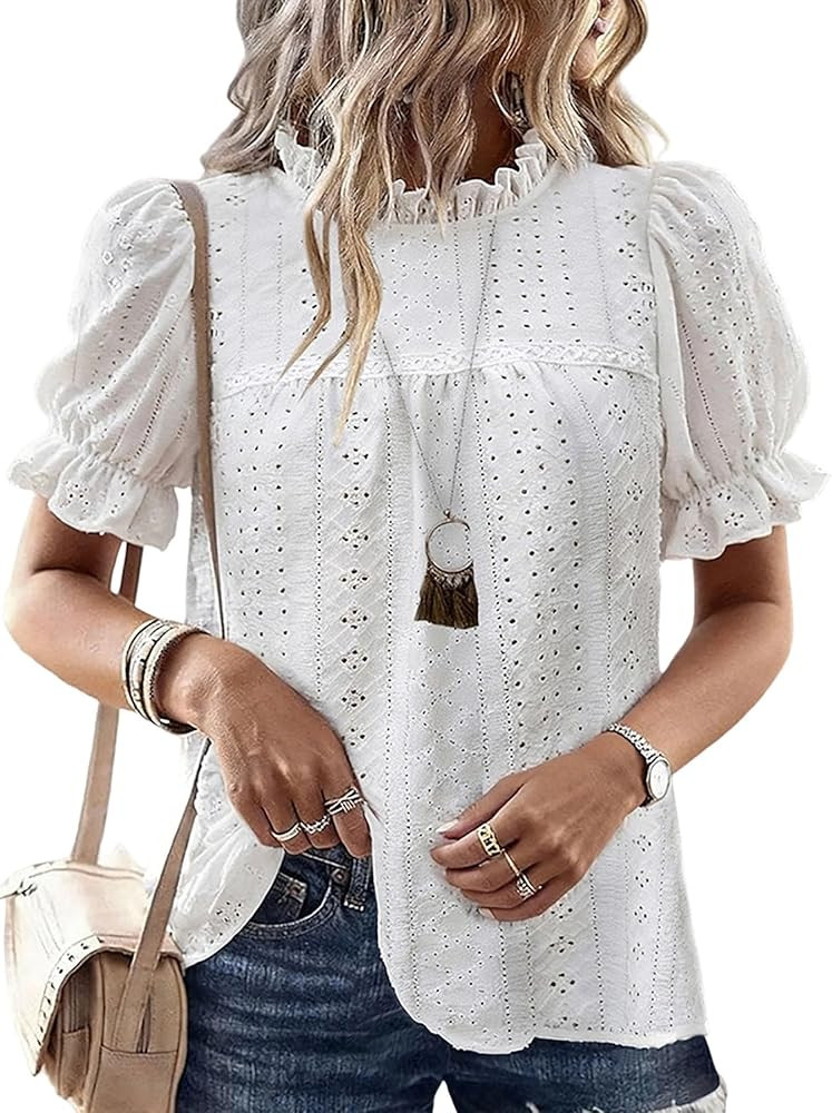 CHICME Women's Elegant Eyelet Mock Neck Puff Sleeve Blouse Casual Summer Hollow Out Embroidered P... | Amazon (US)