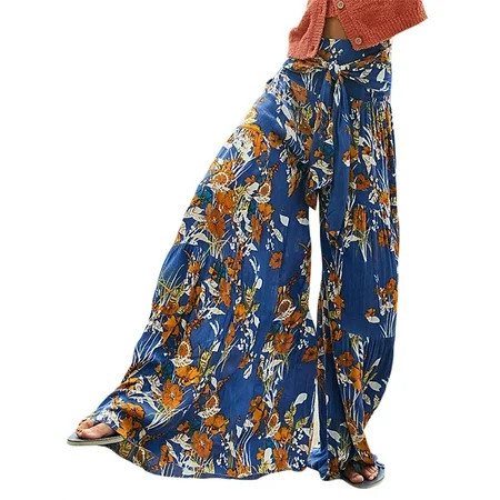 Boho Wide Leg Pants for Women High Waist Floral Printed Belted Palazzo Pants Loose Flowy Pants Hippi | Walmart (US)