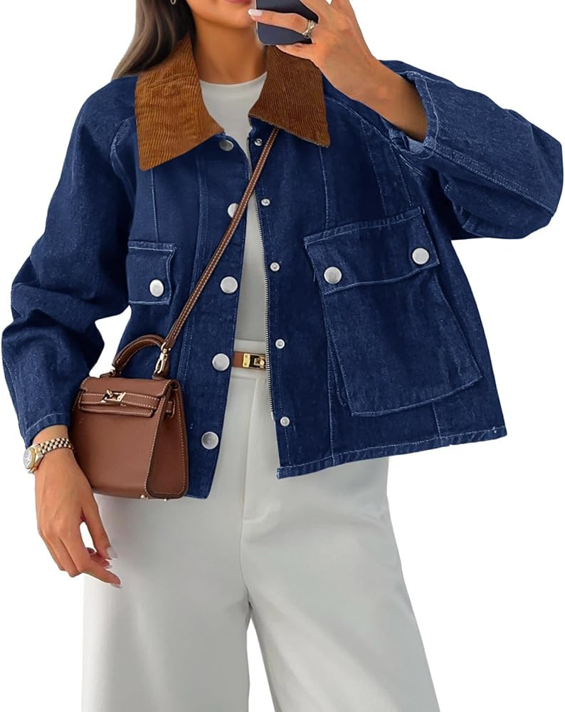 Cicy Bell Womens Cropped Denim Jackets Patchwork Corduroy Collar Barn Jean Jackets Snap Button Co... | Amazon (US)