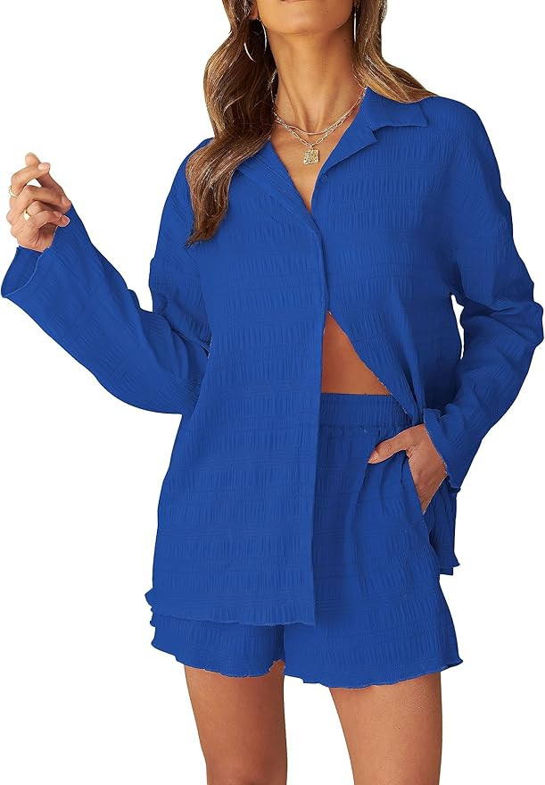 MEROKEETY Women's 2 Piece Outfits Long Sleeve Button Down Textured Shirt and Shorts Lounge Sets | Amazon (US)