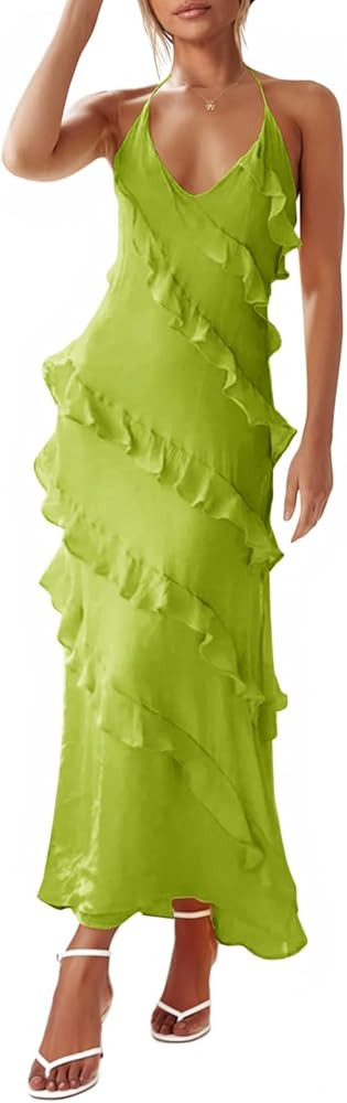 Wenrine Womens Sexy Chiffon Halter Maxi Dress Sleeveless Backless Ruffle Tassel Party Club Dresse... | Amazon (US)
