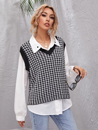 SHEIN V-Neck Contrast Trim Houndstooth Knit Top | SHEIN