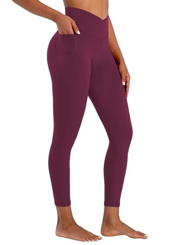 Sunzel Butt Lifting Scrunch Leggings for Women with Pockets No Front Seam Crossover Workout Booty Yoga Pants Tummy Control 25" Inseam Cherry Red Medium | Amazon (US)
