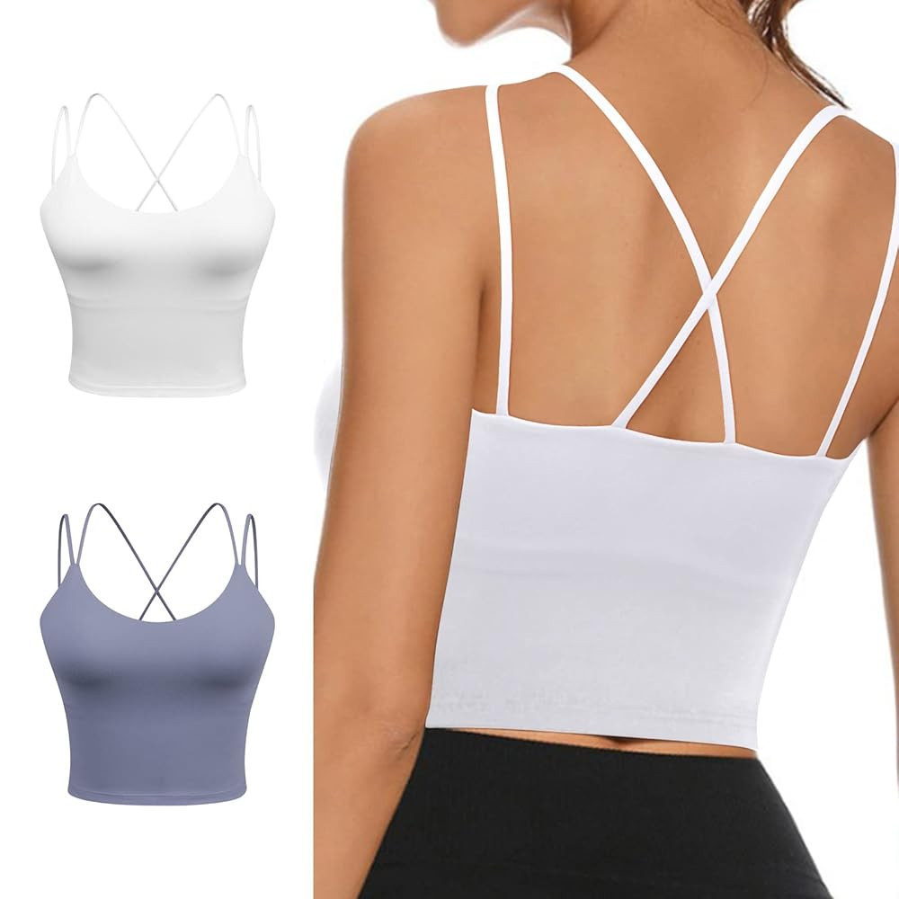 Women's Longline Sports Bra Padded Strappy Yoga Bra Fitness Running Workout Crop Tank Top（2pack... | Amazon (US)