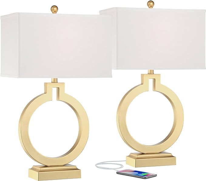 360 Lighting Modern Contemporary Table Lamps 28.5" Tall Set of 2 with USB Charging Port Brushed G... | Amazon (US)