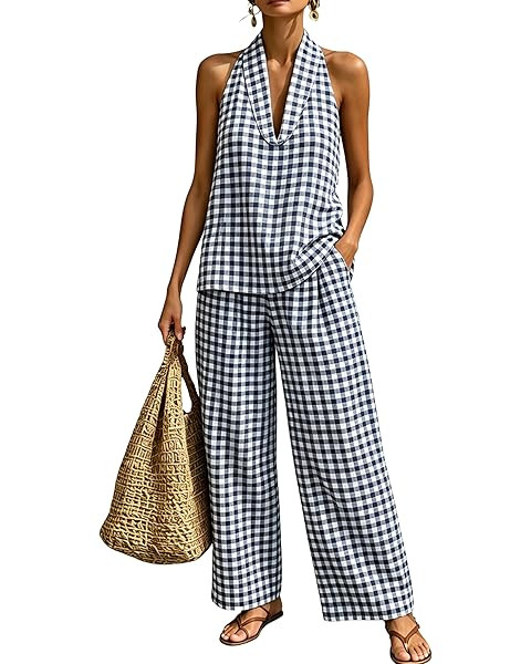Women's 2 Piece Set Outfits Plaid Tank Tops High Waist Wide Leg Pants Gingham Matching Lounge Set... | Amazon (US)