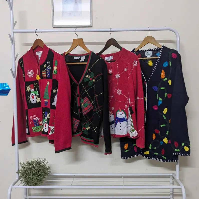 Christmas themed cardigans | retro 80-90's ramiecotton handmade knitwear | festive holiday sweate... | Etsy (US)