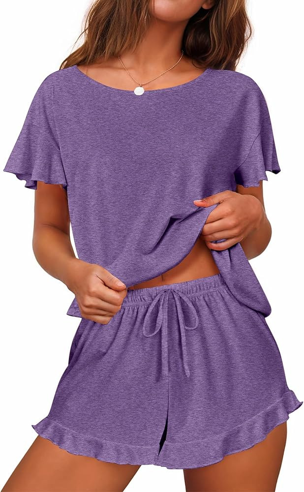 Ekouaer Women's Pajama Set Ruffle Sleeves Top and Short Soft 2 Piece Loungewear Set | Amazon (US)