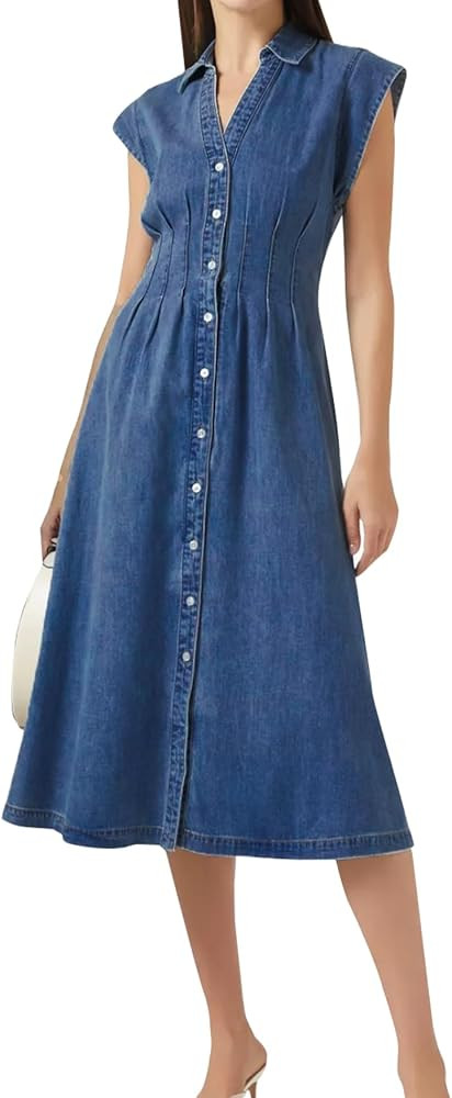Women's Summer Denim Shirt Dress Lapel V Neck Cap Sleeve Jean Dress Button Down A-Line Long Dress... | Amazon (US)