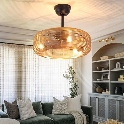 20" Rustic Farmhouse Ceiling Fan with Handwoven Rattan Shade, 3-Light Fixture, 6-Speed Remote for Bedroom, Dining, Cottage, or Loft | Target