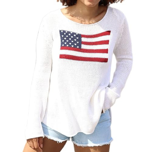 4th of July Vintage Sweater Long Sleeve Knit Pullover American Flag Sweatshirt Preppy Striped Sweaters (US, Alpha, X-Large, Regular, Regular, White) | Amazon (US)