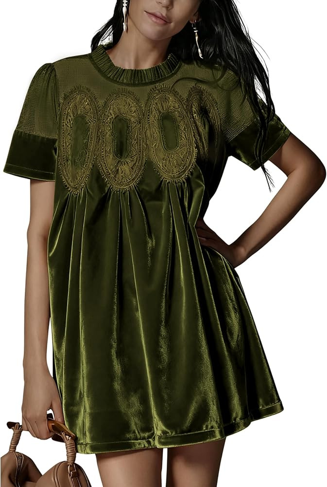 Womens Velvet Lace A-Line Overall Casual Pleated Swing Babydoll Wedding Skirtall Scallop Neck Fla... | Amazon (US)