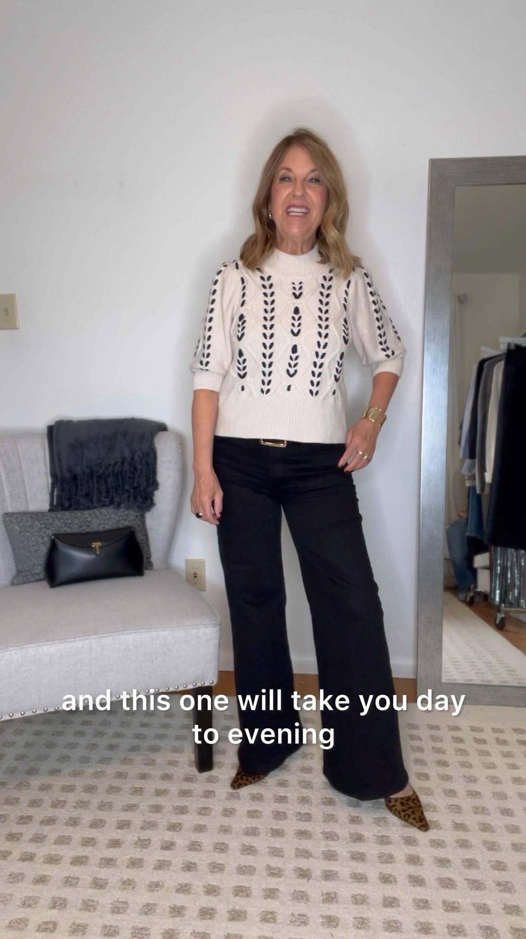 I'm going out with friends, here’s what I'm wearing. 
I love the statement top I can always count on.
Favorite wide-leg jeans are trending. These are petite! 
Leopard slingbacks are fun and are neutral; they go with any outfit. 
I included a cropped trench but you cannalsi wear any length. The bag is also a crossbody! 

#LTKOver40 #LTKStyleTip #LTKVideo