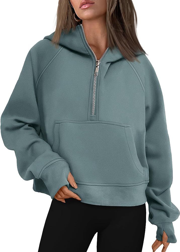 Half Zip Sweatshirts Cropped Hoodies Fleece Womens Quarter Zip Up Pullover Sweaters Fall Outfits ... | Amazon (US)