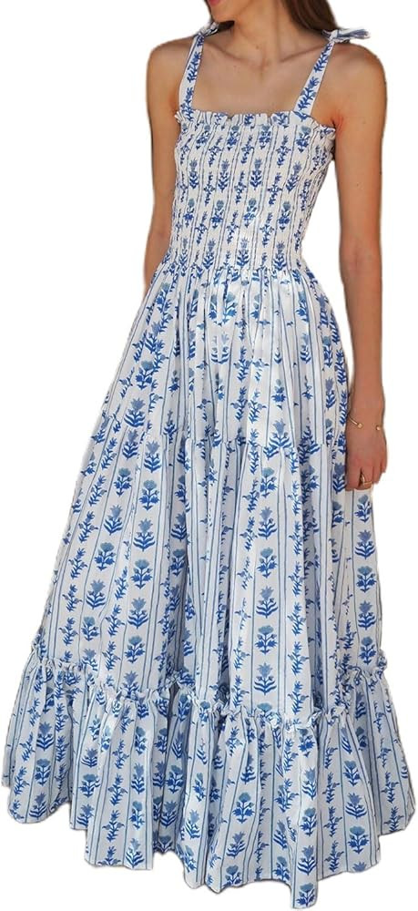 Women Bow Tie Shoulder Boho Maxi Dress Y2k Sleeveless Floral Flowy Long Dresses Smocked Swing Sum... | Amazon (US)