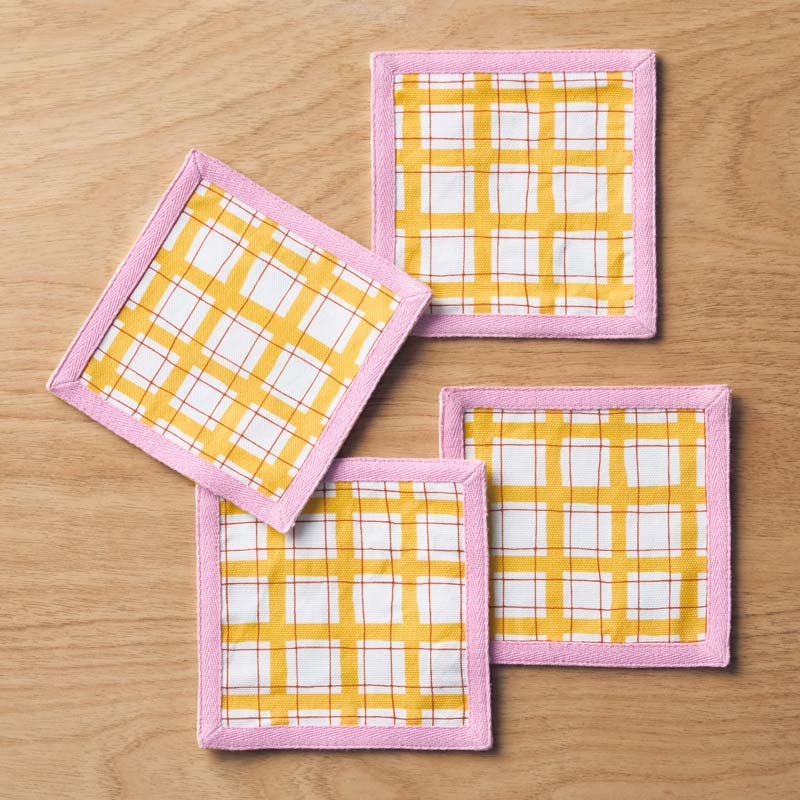 Floral Plaid Reversible Cocktail Napkins, Set of 4 - Yellow | The Company Store
