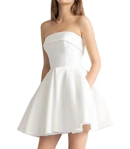 StarRovelex Satin Short White Wedding Dress for Women Elegant Strapless Homecoming Cocktail Party Prom Dresses with Pocket A Line Bridesmaid Wedding Guest Evening Gown Summer Dress White 4 | Amazon (US)