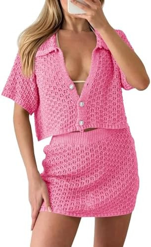 Saodimallsu Womens 2 Piece Cover Up Set Crochet Beach Summer Knit Button Short Sleeve Crop Top Mi... | Amazon (US)