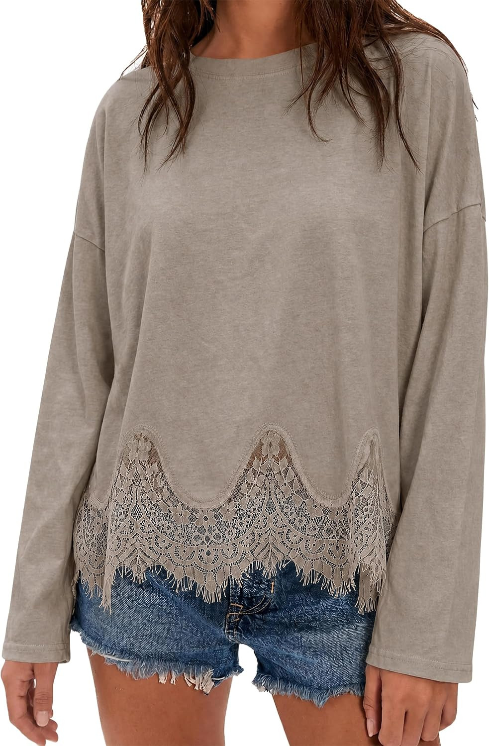 Tankaneo Womens Long Sleeve Lace Tops Oversized Crew Neck Casual T Shirts | Amazon (US)