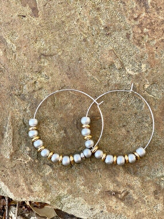 Silver Wooden Beads/Gold Spacers Hoops | Etsy (US)