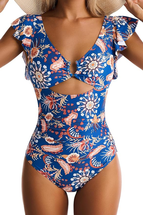 Women's One Piece Swimsuits Tummy Control Ruffle Bathing Suit Cutout Slimming Swim Suit V Neck Ri... | Amazon (US)