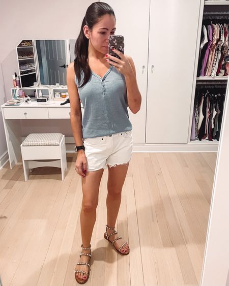 Great casual outfit for any spring occasion—travel, festival, country concert, or summer hanging out. Tank from Amazon and shorts from Abercrombie. Sandals are Steve Madden and I also got them on Amazon. 

#LTKSeasonal #LTKFestival #LTKunder50