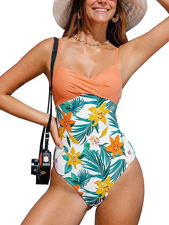 CUPSHE Women's Tropical One Piece Swimsuit Twist Flattering Bathing Suit with Adjustable Spaghetti S | Amazon (US)