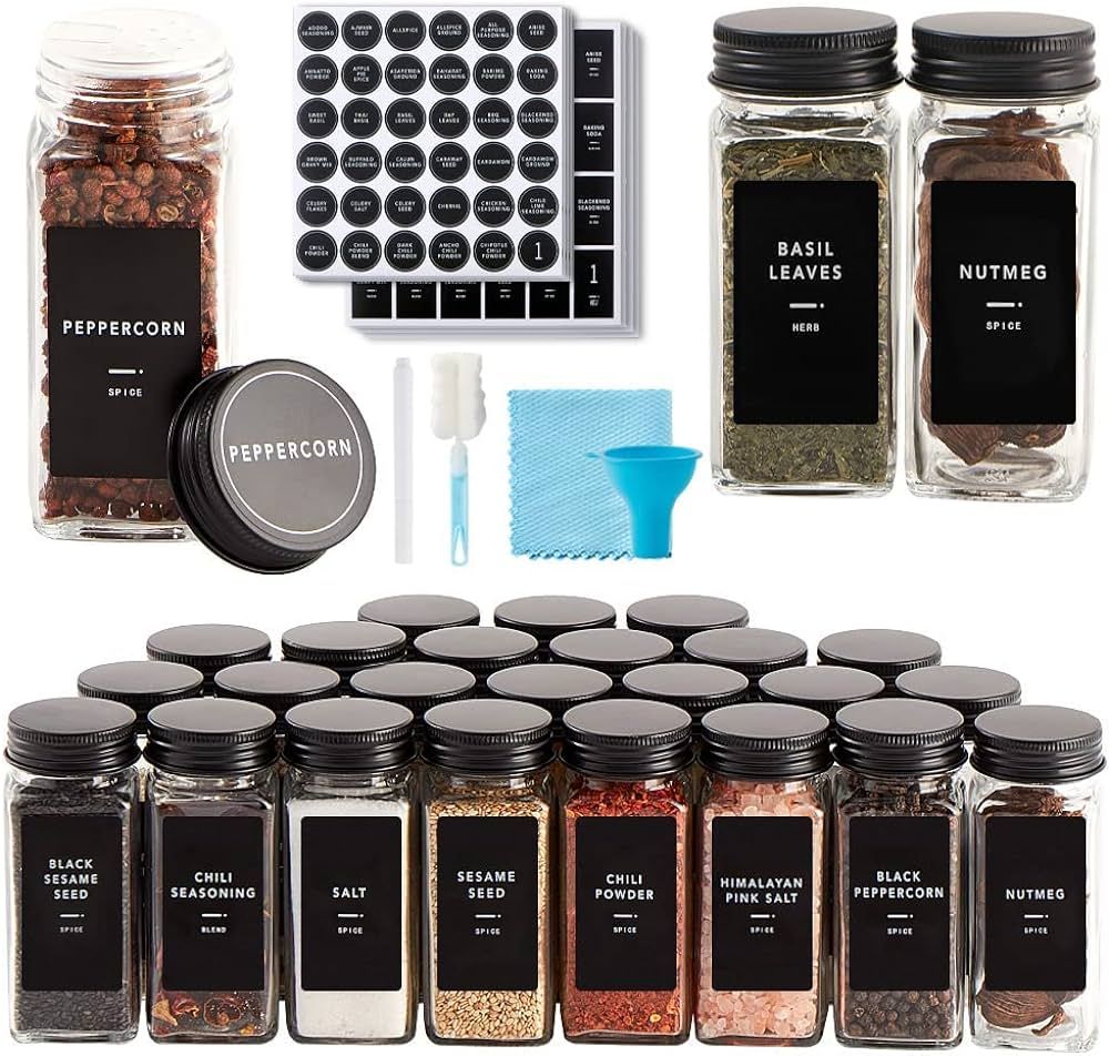 Skiileor 25 Pcs Spice Jars with Label- Glass Spice Jars with Black Metal Caps,Shaker Lids, Funnel... | Amazon (US)