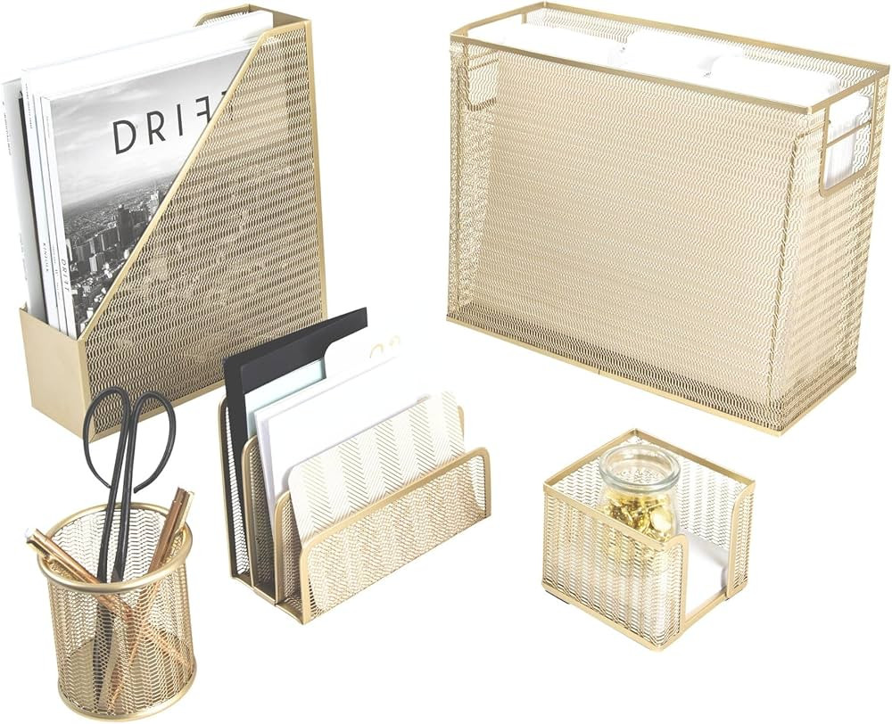 Desk Accessories Gold - 5 Piece Desk Accessories Set for Office Organization Gold with Hanging Fi... | Amazon (US)