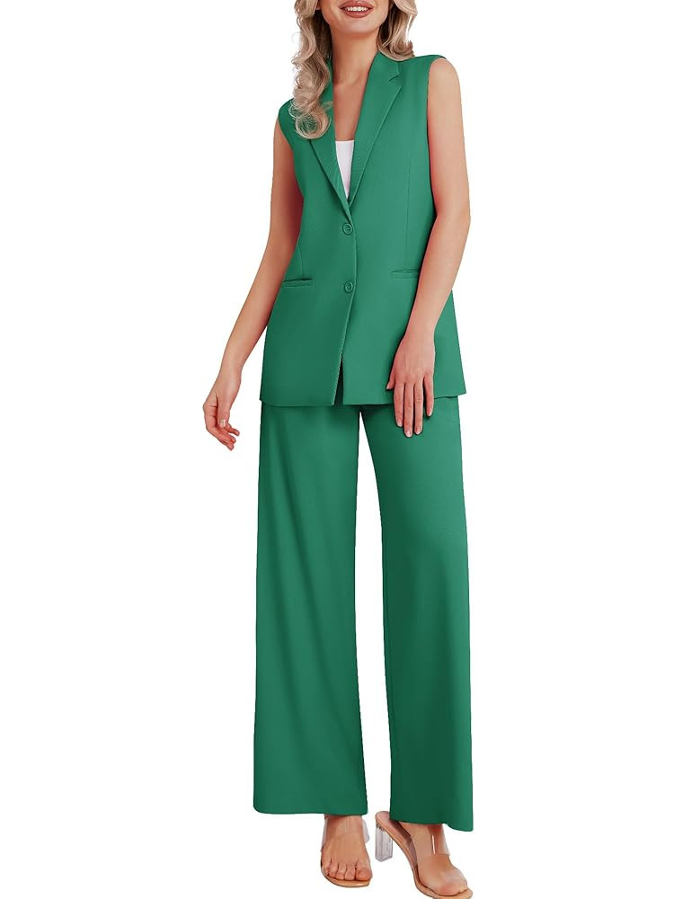 Women's 2 Piece Suit Sets Sleeveless Two Button Vest and Wide Leg Pants Business Casual Work Outf... | Amazon (US)
