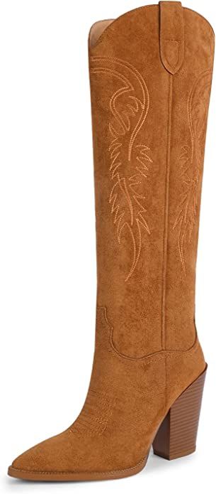 ISNOM Women's Western Boots Knee High Boots, Cowboy Cowgirl Embroidered Chunky Block Heel Pointed... | Amazon (US)