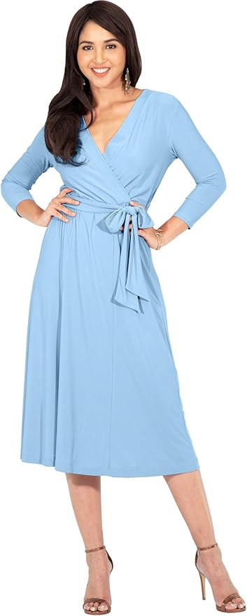 KOH KOH Womens V-Neck 3/4 Sleeve Semi Formal Wrap Flowy Knee Length Midi Dress | Amazon (US)